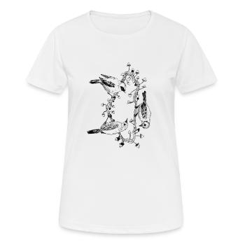 Trio d'oiseaux / champignons / arbre - T-shirt respirant Femme - blanc - Devant - AI Model Female 172 dark (172cm)