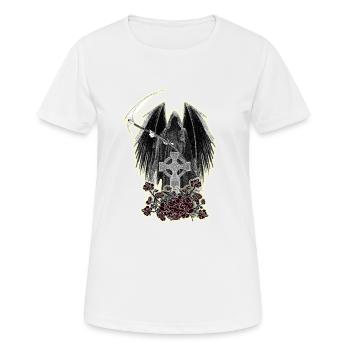 Grim Reaper,keltisches Kreuz und Rosen mit Schein - Frauen T-Shirt atmungsaktiv - Weiß - Vorne - AI Model Female 172 dark (172cm)