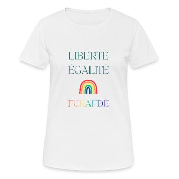 LIBERTÉ EGALITÉ FCKAFDÉ - Regenbogen Design FCKAFD - Frauen T-Shirt atmungsaktiv - Weiß - Vorne - AI Model Female 172 dark (172cm)