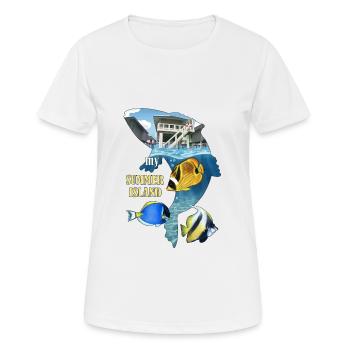 Sommerinsel Wasser Villa Cartoon Illustration - Frauen T-Shirt atmungsaktiv - Weiß - Vorne - AI Model Female 172 dark (172cm)