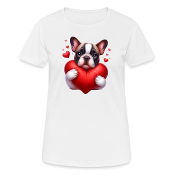 Cute Frenchie Hugging a Heart Pillow - Women's Breathable T-Shirt - white - Front - AI Model Female 172 dark (172cm)