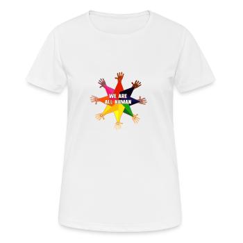 humain,LGBT,Arc-en-ciel,nous sommes tous humains - T-shirt respirant Femme - blanc - Devant - AI Model Female 172 dark (172cm)