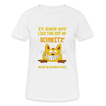 It goes off like the cat of Schmitz. Schmitz Katze - Frauen T-Shirt atmungsaktiv - Weiß - Vorne - AI Model Female 172 dark (172cm)