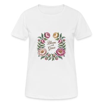 Bloom with Grace – Pfingstrosenkranz - Frauen T-Shirt atmungsaktiv - Weiß - Vorne - AI Model Female 172 dark (172cm)