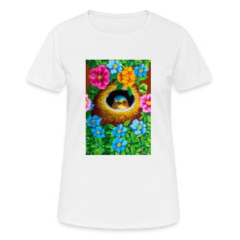 Vogel in seinem Nest umgeben von Blumen - Frauen T-Shirt atmungsaktiv - Weiß - Vorne - AI Model Female 172 dark (172cm)