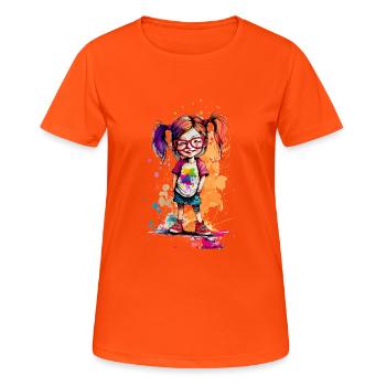Cartoon little girl with glasses color one - Women's Breathable T-Shirt - neon orange - Front - AI Model Female 172 dark (172cm)