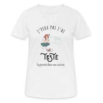 Ich kann nicht, ich habe die Schwerkraft in meiner Küche getestet - Frauen T-Shirt atmungsaktiv - Weiß - Vorne - AI Model Female 172 dark (172cm)