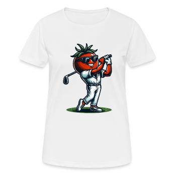 Swinging Tomato : Drôle de tomate de golf avec du style - T-shirt respirant Femme - blanc - Devant - AI Model Female 172 dark (172cm)