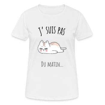 J'suis pas du matin, dessin chat pas du matin - T-shirt respirant Femme - blanc - Devant - AI Model Female 172 dark (172cm)