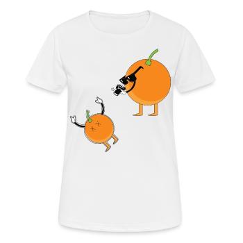 orange taking a picture, (orange juice) - Women's Breathable T-Shirt - white - Front - AI Model Female 172 dark (172cm)
