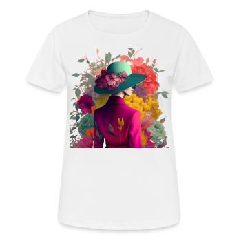 Model mit Hut und Blumen Geschenk - Frauen T-Shirt atmungsaktiv - Weiß - Vorne - AI Model Female 172 dark (172cm)