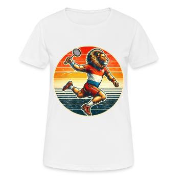 vintage badminton player, NL lion playing badminton - Women's Breathable T-Shirt - white - Front - AI Model Female 172 dark (172cm)