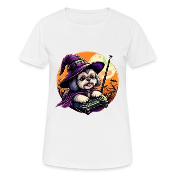 Süßer Shih Tzu Hund Gamer Zauberer für Halloween - Frauen T-Shirt atmungsaktiv - Weiß - Vorne - AI Model Female 172 dark (172cm)