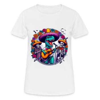 Musikalische T-Rex und Skelette feiern Halloween - Frauen T-Shirt atmungsaktiv - Weiß - Vorne - AI Model Female 172 dark (172cm)