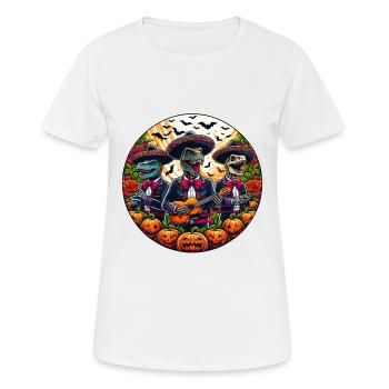 Halloween T-Rex Mariachi Trio with Pumpkins - Women's Breathable T-Shirt - white - Front - AI Model Female 172 dark (172cm)