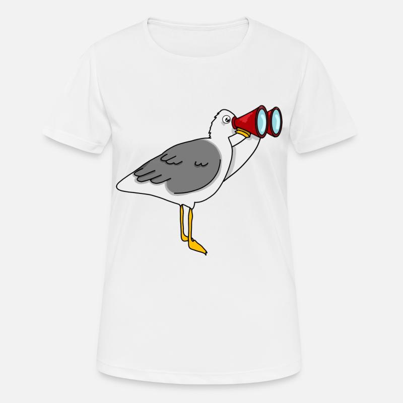 Seagull with binoculars looking at fish sandwich - Women's Breathable T-Shirt - white