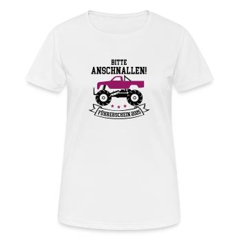 Bitte Anschnallen Auto Führerschein 2025 Bestanden - Frauen T-Shirt atmungsaktiv - Weiß - Vorne - AI Model Female 172 dark (172cm)