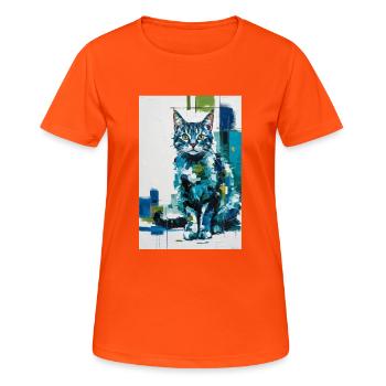 Chat abstrait en bleu vert / Numérique / Affiche #2 - T-shirt respirant Femme - orange néon - Devant - AI Model Female 172 dark (172cm)
