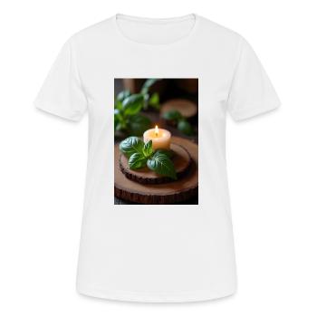 Brennende Kerze mit Basilikum auf rustikalem Holz - Frauen T-Shirt atmungsaktiv - Weiß - Vorne - AI Model Female 172 dark (172cm)
