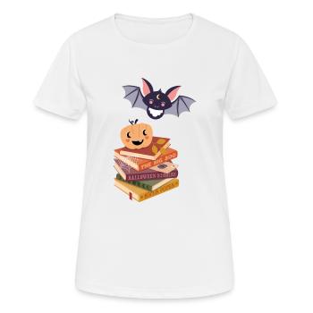 Bat and pumpkin on Halloween book pile - Women's Breathable T-Shirt - white - Front - AI Model Female 172 dark (172cm)