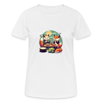 Süße Comic Füchse essen zusammen Sushi - Frauen T-Shirt atmungsaktiv - Weiß - Vorne - AI Model Female 172 dark (172cm)