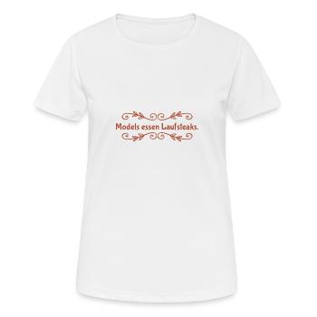Models essen Laufsteaks --- Neues, tolles T-Shirt - Frauen T-Shirt atmungsaktiv - Weiß - Vorne - AI Model Female 172 dark (172cm)