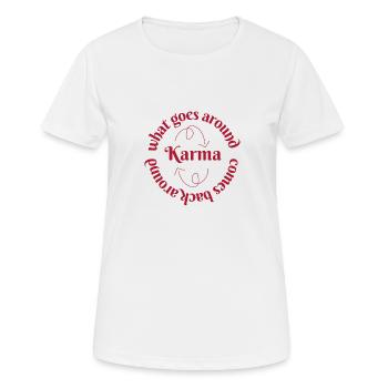 KARMA Flow – What goes around comes around - Frauen T-Shirt atmungsaktiv - Weiß - Vorne - AI Model Female 172 dark (172cm)