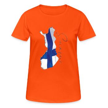 Finland flag in Finland map FI - Women's Breathable T-Shirt - neon orange - Front - AI Model Female 172 dark (172cm)