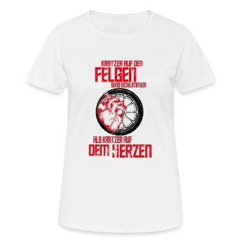 Kratzer auf den Felgen vs. auf dem Herzen - Frauen T-Shirt atmungsaktiv - Weiß - Vorne - AI Model Female 172 dark (172cm)