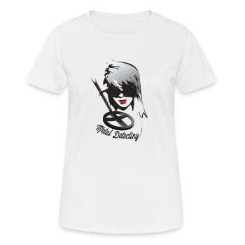 Frauengesicht von Sondlerin mit Metalldetektor - Frauen T-Shirt atmungsaktiv - Weiß - Vorne - AI Model Female 172 dark (172cm)