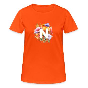 N Monogramm , bunter Blumenstrauss - Frauen T-Shirt atmungsaktiv - Neonorange - Vorne - AI Model Female 172 dark (172cm)