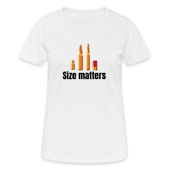 Proof that size matters | Gun joke - Frauen T-Shirt atmungsaktiv - Weiß - Vorne - AI Model Female 172 dark (172cm)