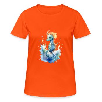 mignon hippocampe, bleu, vert, aquarelles - T-shirt respirant Femme - orange néon - Devant - AI Model Female 172 dark (172cm)