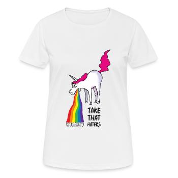 Einhorn kotzt Regenbogen - haters - Frauen T-Shirt atmungsaktiv - Weiß - Vorne - AI Model Female 172 dark (172cm)