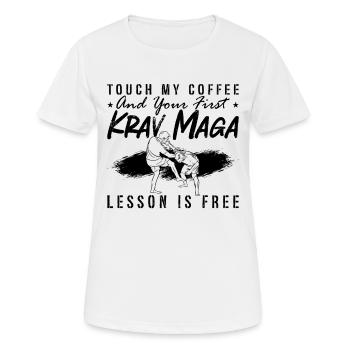 Touch My Coffee et Krav Maga Close Combat Fighter - T-shirt respirant Femme - blanc - Devant - AI Model Female 172 dark (172cm)