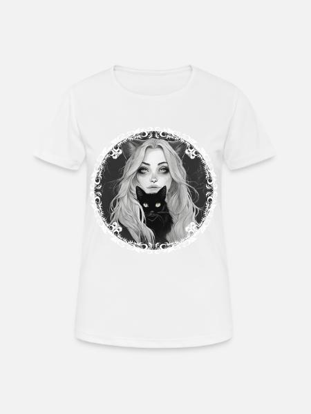 Witch With Her Loyal Companion The Black Cat. - Women's Breathable T-Shirt - white
