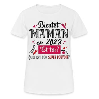 Maman 2023 Super Pouvoir Mère Cadeau Femme Humour - T-shirt respirant Femme - blanc - Devant - AI Model Female 172 dark (172cm)