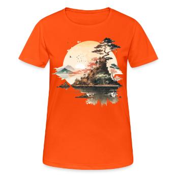 Japanischer Sonnenuntergang - Aquarellillustration - Frauen T-Shirt atmungsaktiv - Neonorange - Vorne - AI Model Female 172 dark (172cm)