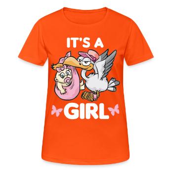 Mädchen Tochter Klapperstorch Schwangerschaft pink - Frauen T-Shirt atmungsaktiv - Neonorange - Vorne - AI Model Female 172 dark (172cm)