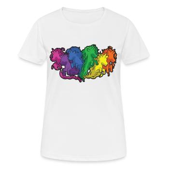 Pferde Regenbogen Galopp Cartoon - Frauen T-Shirt atmungsaktiv - Weiß - Vorne - AI Model Female 172 dark (172cm)