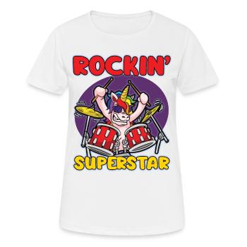 ROCKIN SUPERSTAR Rocker Einhorn Schlagzeuger Humor - Frauen T-Shirt atmungsaktiv - Weiß - Vorne - AI Model Female 172 dark (172cm)