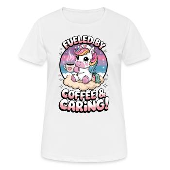Angetrieben von Kaffee und Fürsorge! - Frauen T-Shirt atmungsaktiv - Weiß - Vorne - AI Model Female 172 dark (172cm)