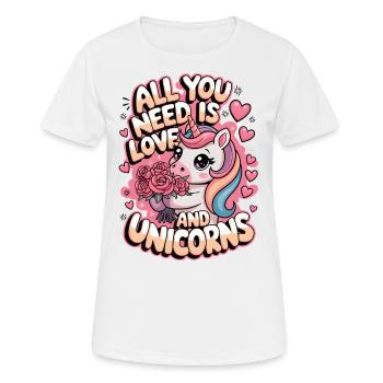 Alles, was du brauchst, ist Liebe und Einhörner - Frauen T-Shirt atmungsaktiv - Weiß - Vorne - AI Model Female 172 dark (172cm)