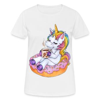 Niedliches Einhorn im Donut mit Kaffee Pause - Frauen T-Shirt atmungsaktiv - Weiß - Vorne - AI Model Female 172 dark (172cm)
