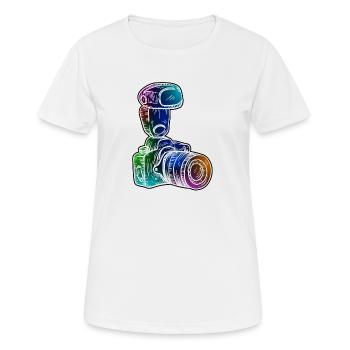 Spiegelreflex Kamera mit Blitz - Frauen T-Shirt atmungsaktiv - Weiß - Vorne - AI Model Female 172 dark (172cm)