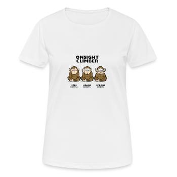 On Sight climber three wise monkey climbing t-shirt - Women's Breathable T-Shirt - white - Front - AI Model Female 172 dark (172cm)