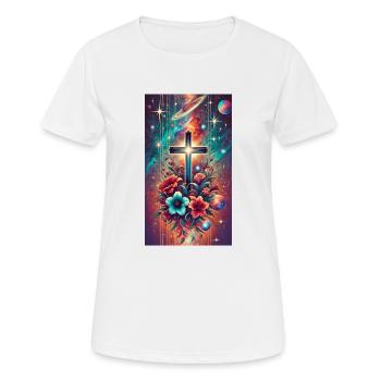 Cosmic, Floral Cross, Flowers, Space, Stars - Women's Breathable T-Shirt - white - Front - AI Model Female 172 dark (172cm)