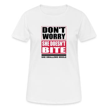 Don't worry she doesn't bite Hunde lustige Sprüche - Frauen T-Shirt atmungsaktiv - Weiß - Vorne - AI Model Female 172 dark (172cm)