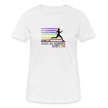 Beeil dich - 2023 rennt dir entgegen - Laufshirt - Frauen T-Shirt atmungsaktiv - Weiß - Vorne - AI Model Female 172 dark (172cm)