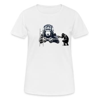 GRAFFITI BANKSY STYLE - CHIMP PLAYING COMPUTER GAM - Women's Breathable T-Shirt - white - Front - AI Model Female 172 dark (172cm)